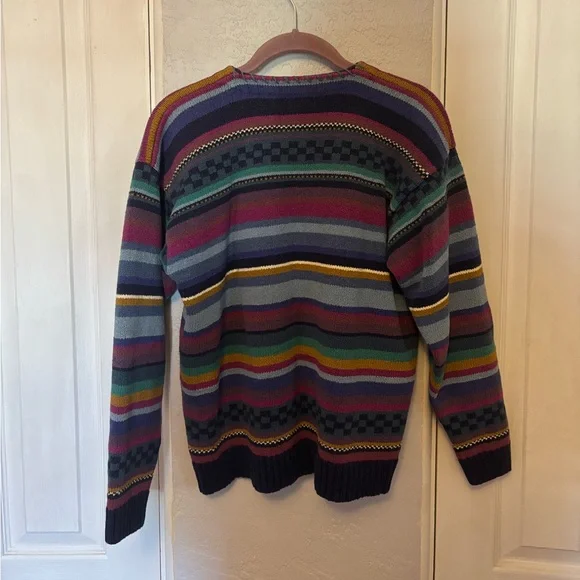 Vintage LL Bean Striped Blue Purple Cardigan Sweater Southwest Sz M Heavy Cotton - Picture 2 of 4